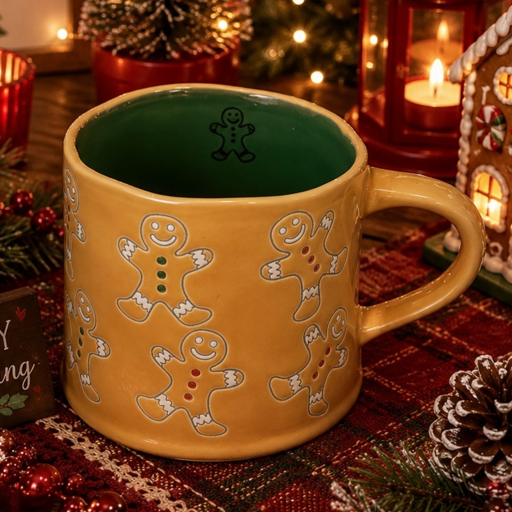 Festive Gingerbread Ceramic Mug - Yellow with Green Interior NWOT 🕶️